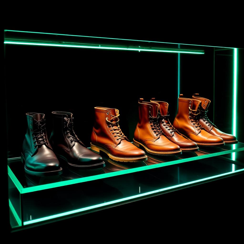 Sapatos e botas de couro em expositor iluminado