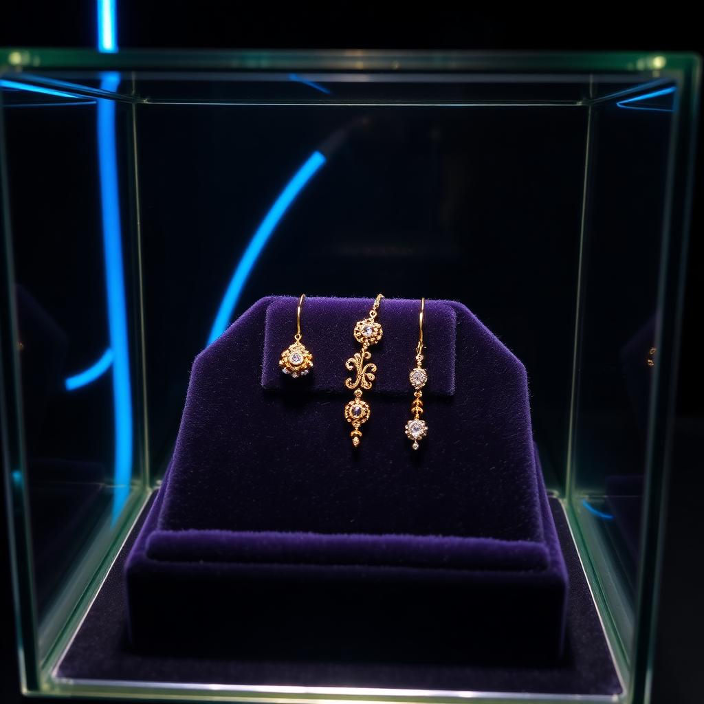 Joias em ouro e prata sobre veludo em vitrine